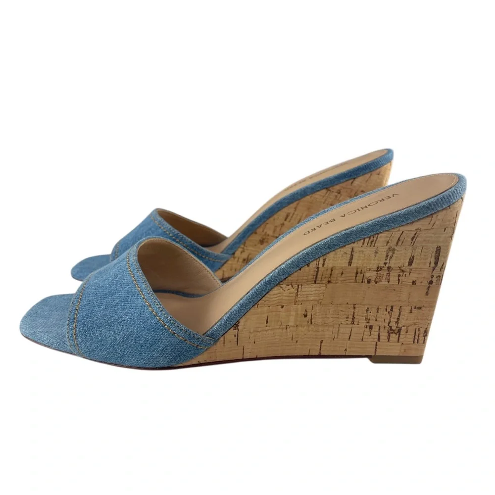 Veronica Beard Ellen Wedge Slide Blue Denim Wedge Sandals Sz. 8.5
